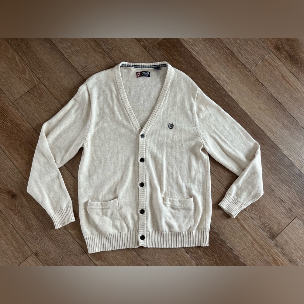 CHAPS Men's beige button down Cardigan 100% cotton Size XL Grandpa style